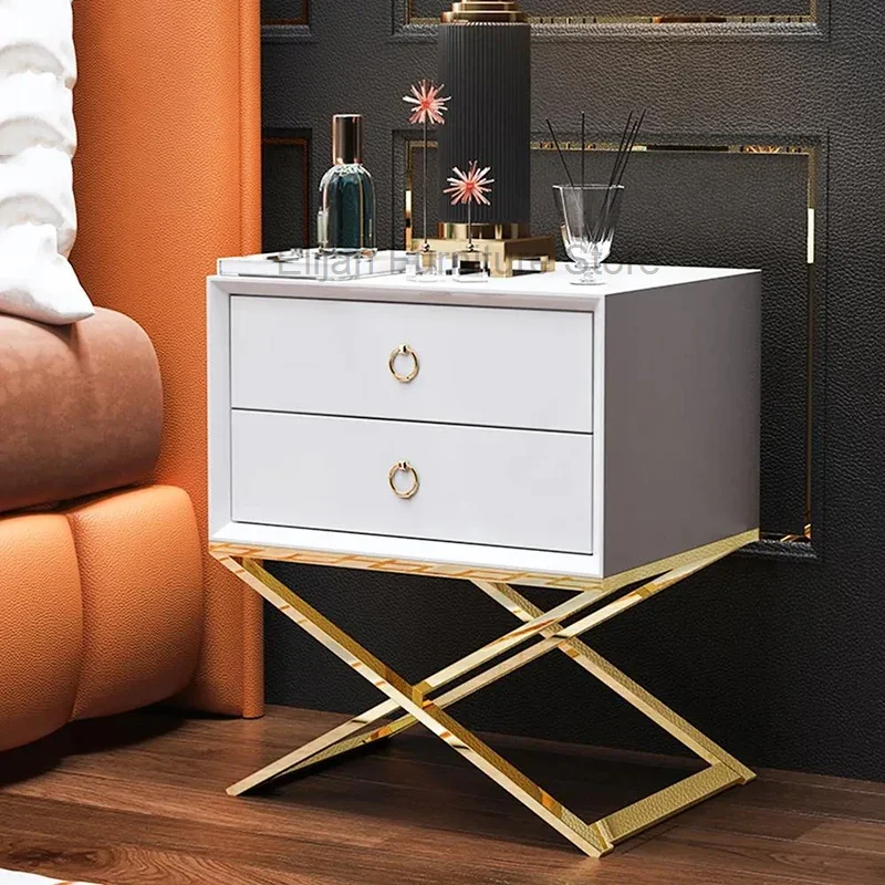 Coffee Bedside Table 2 Drawer Nightstand White Storage Paint Minimalist Stainless Steel Legs Mesita Noche Nordic Furnitures