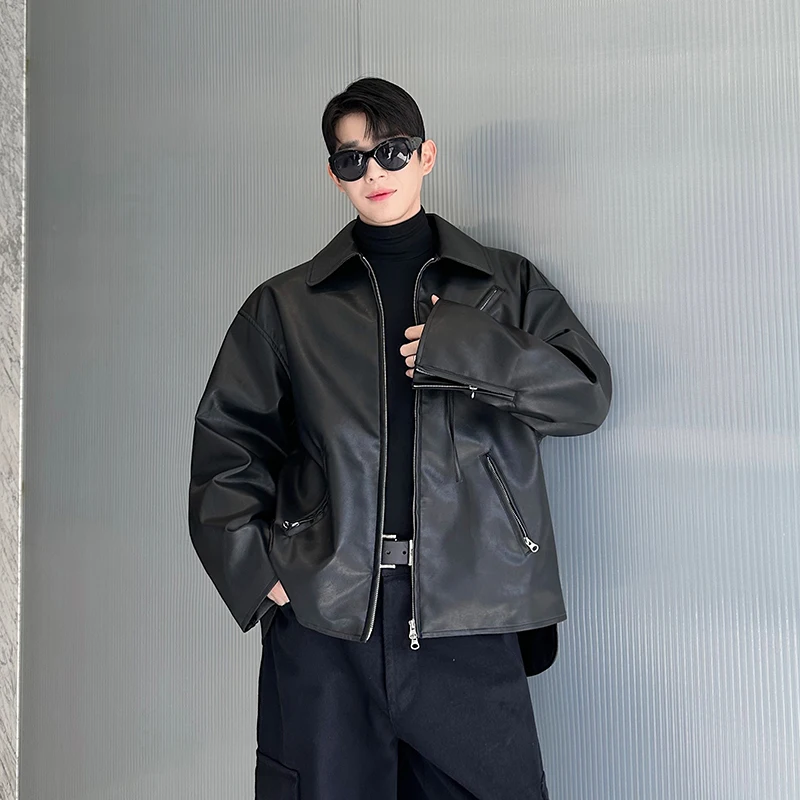 

Ретро-куртка в американском уличном стиле для мужчин: черная кожаная куртка свободного кроя из искусственной кожи, модная уличная одежда для молодежи.