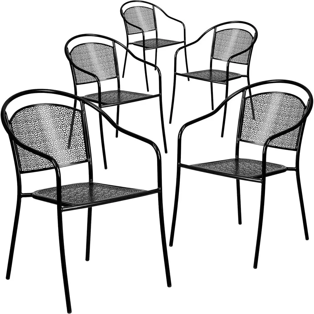 

Комплект из 5 черных стальных кресел для патио коммерческого класса для внутреннего и наружного использования с круглой спинкой