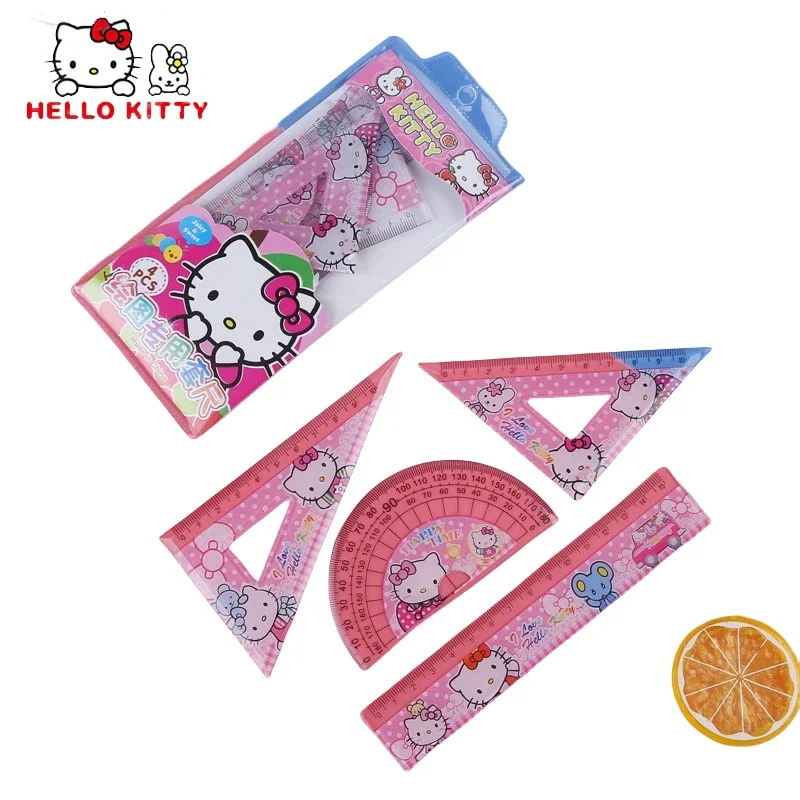 4PCs Set Hello Kitty Girl Ruler Set Stationery Cartoon Ruler Drawing Measurement Geometric Triangle Ruler School Supplies Gift