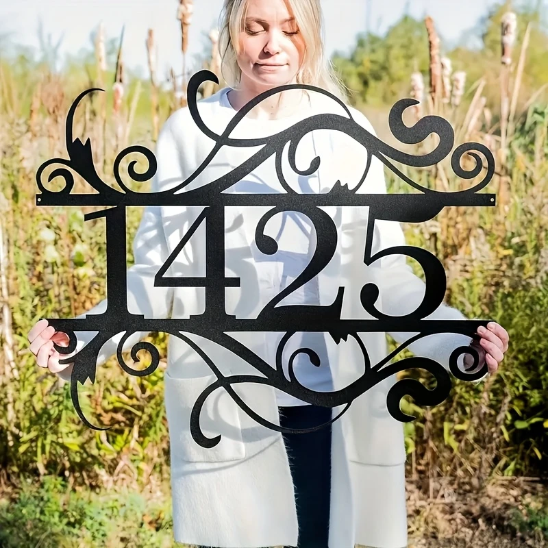 

Custom Metal Number Plaque Elegant Wall-Mounted Design Battery-Free Outdoor Decor Address Identification Baroque Style Garden De