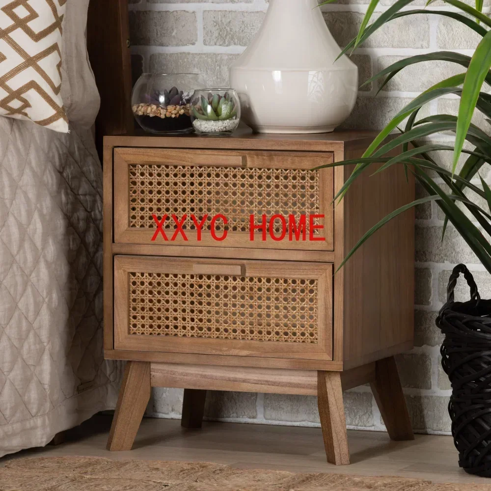 Baden Mid-Century Modern Walnut Brown Finished Wood 2-Drawer End Table with Rattan