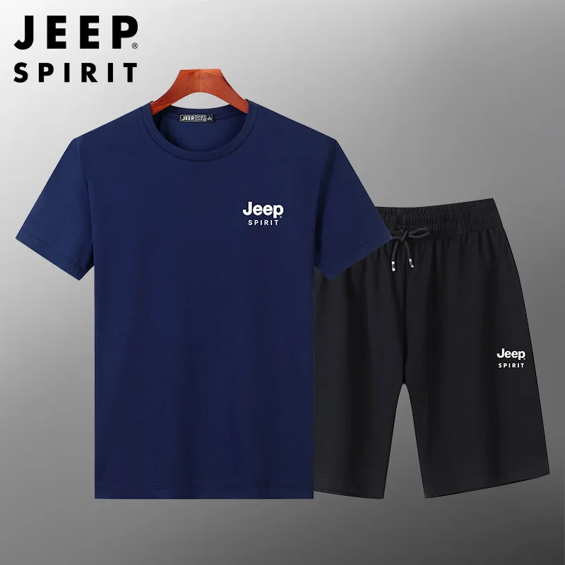 JEEP SPIRIT Summer 100% Cotton Outdoor Leisure Sports Suit Men\'s Breathable T-shirt + Fashion Shorts High Quality Two-piece Set