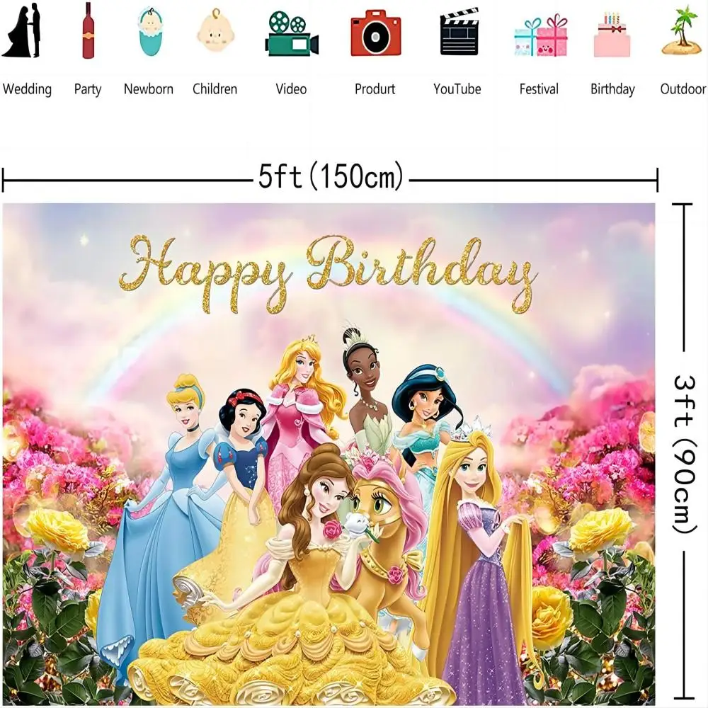 Princess Themed Backdrop Colorful Princess for Girl Photography Background Baby Shower Princess Birthday Background (5X3FT)