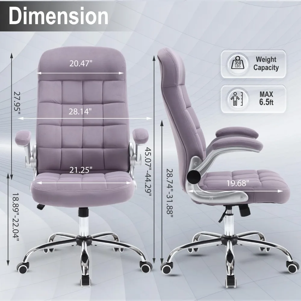 كرسي مكتب من القماش عالي الظهر أرجواني، كراسي مكتب تنفيذية مخملية بأذرع قابلة للطي، كراسي مكتب مريحة مع دعم قطني