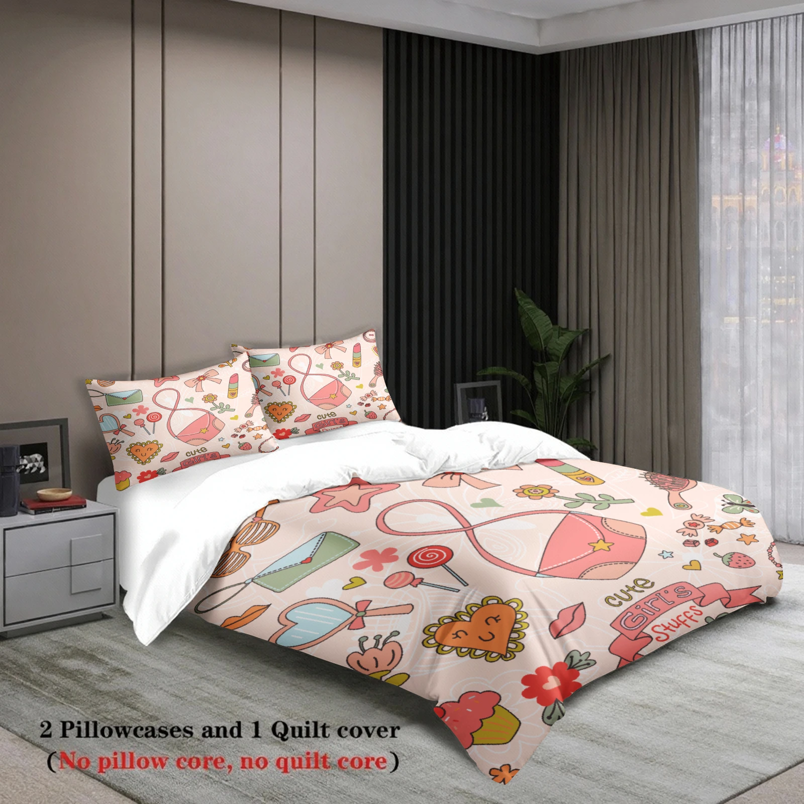 3pcs Cute Girls Stuff Bedding Sets 3D Printed Colorful Cartoon Pattern Duvet Cover Sets With Pillowcases No Filling