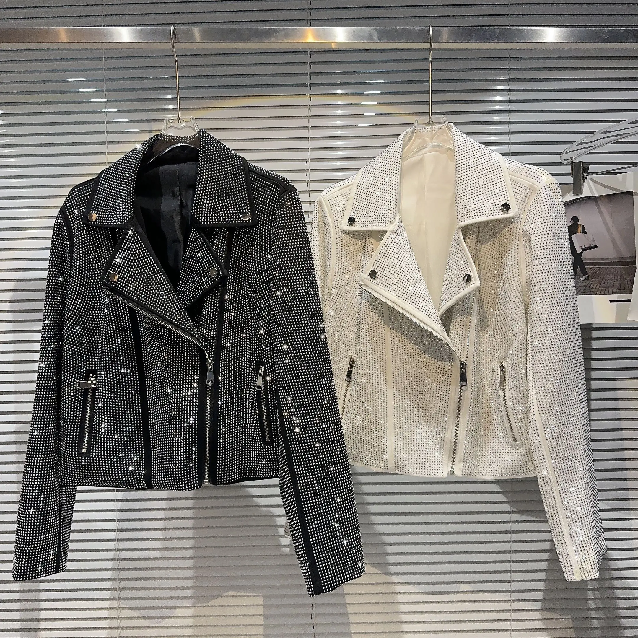 

Faionable ort Jaet Women's Zipper Heavy Drill Diamond ow Model Autumn New Sle Commute Straight Tube Long Sve