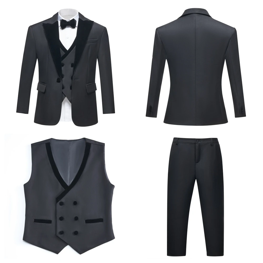 Four Pieces Boys Formal Suit Set, Velvet Collar Blazer Vest Pants Bow-tie Tuxedo Pants, Homecoming Children Wedding Suits