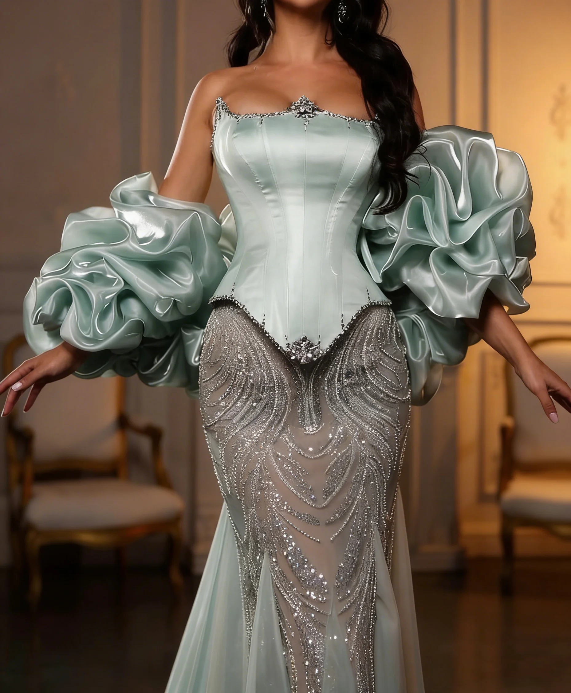 

Индивидуальное синее вечернее платье с рюшами на плечах, без бретелек, для особых случаев, расшитое бисером, длинное, для вечеринок и торжественных мероприятий