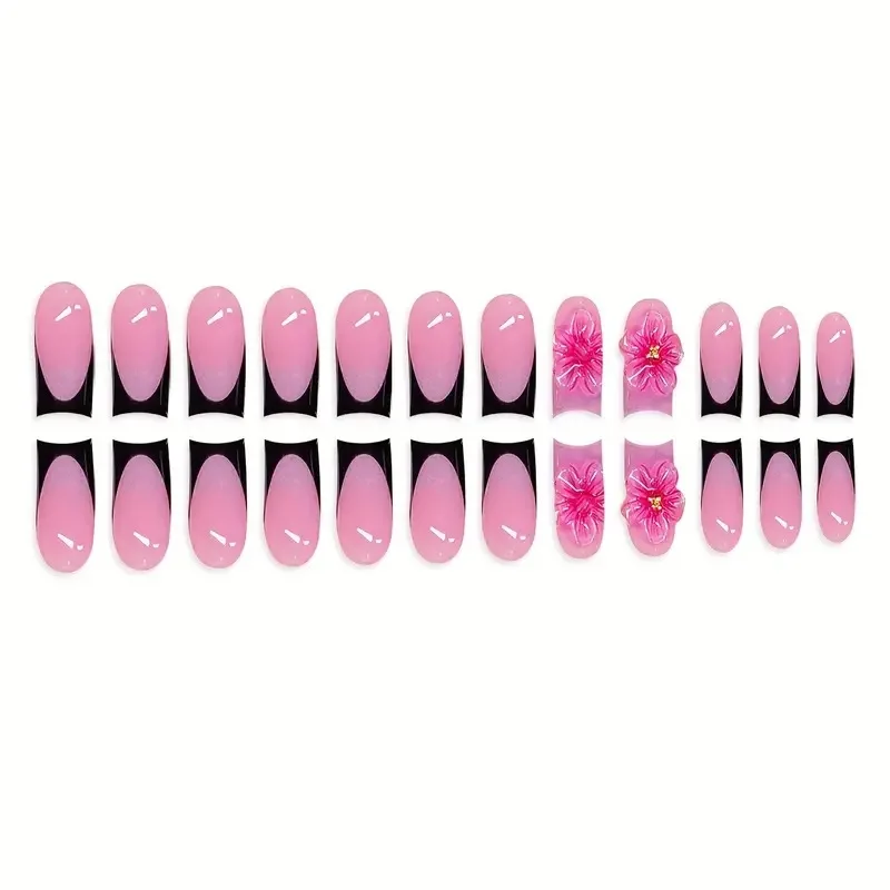 24 قطعة زهر بارد الحلو الأظافر وهمية حافة سوداء النمط الفرنسي ثلاثية الأبعاد زهرة تصاميم اضغط على الأظافر قصيرة مربع الأوروبي يمكن ارتداؤها مسمار