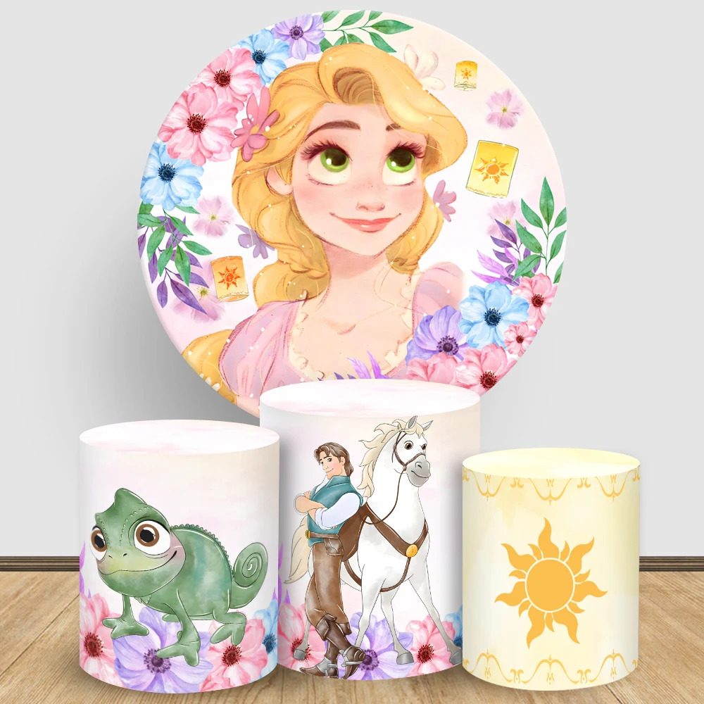 

Tangled Round Backdrop Cover Disney Princess Rapunzel Girl Birthday Cylindrical Cake Tablecloth Cover Photograph Party Decor