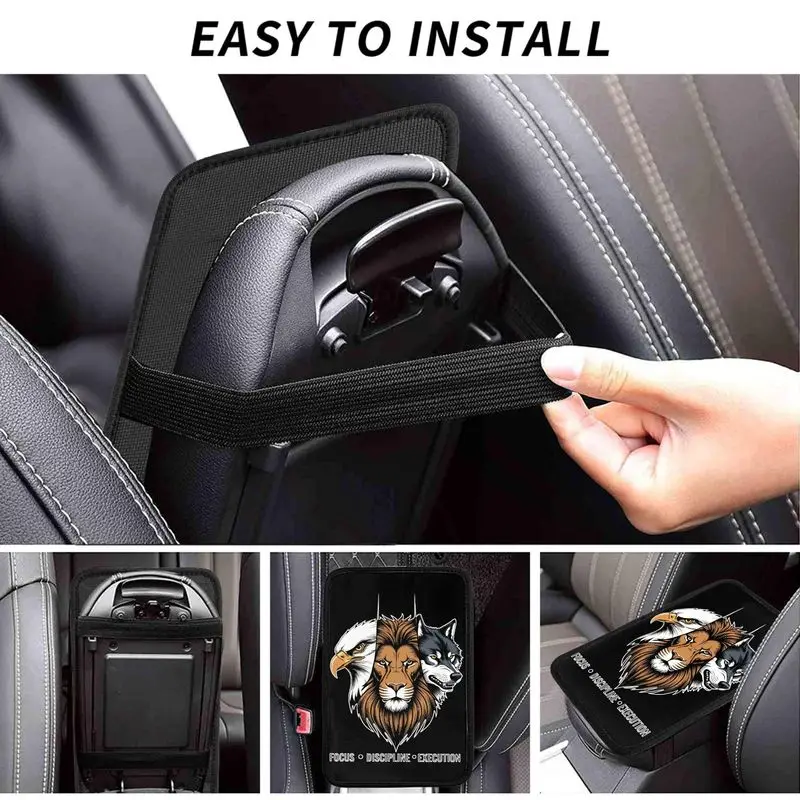 1Pc Car Armrest Cover + 2Pcs Cup Coasters, Eagle Lion Wolf Pattern, Motivational Car Interior Accessory