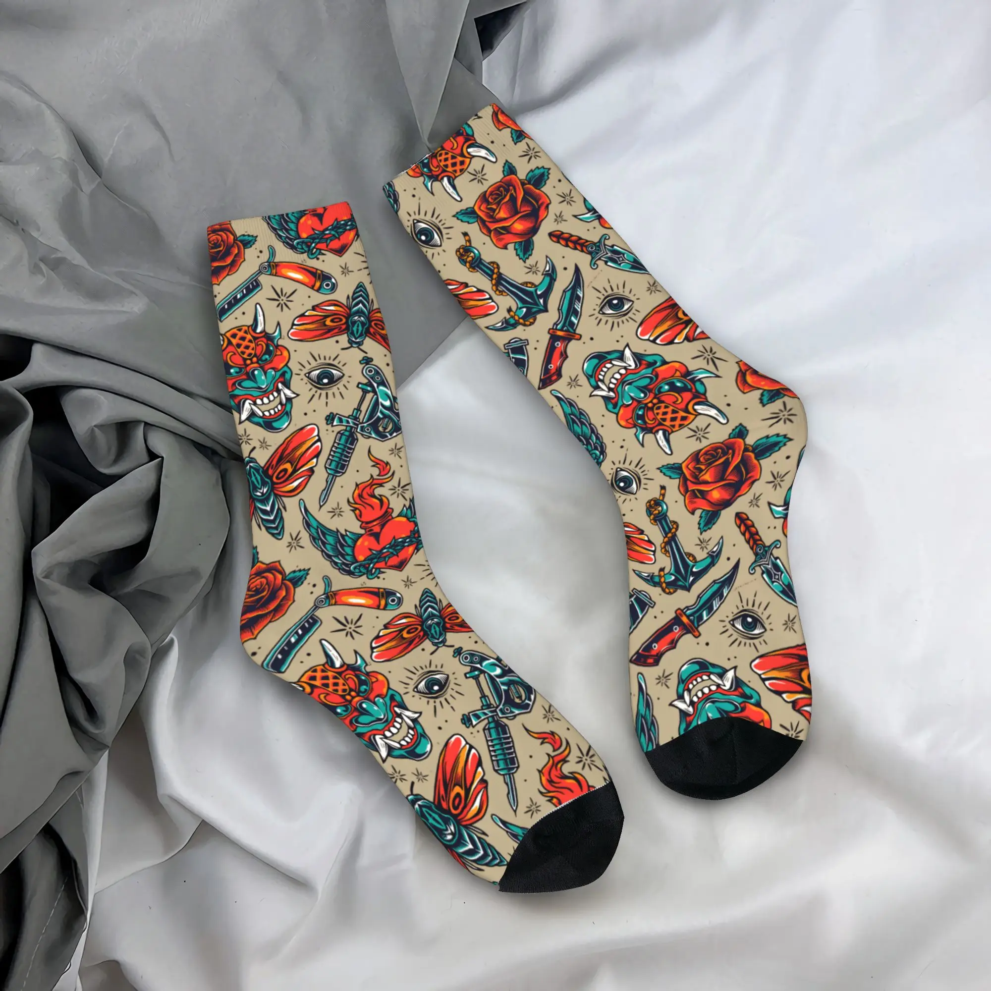 

American Traditional Tattoo Socks Fashion Stockings Men Soft Breathable Skateboard Socks Autumn Printed Non Skid Socks