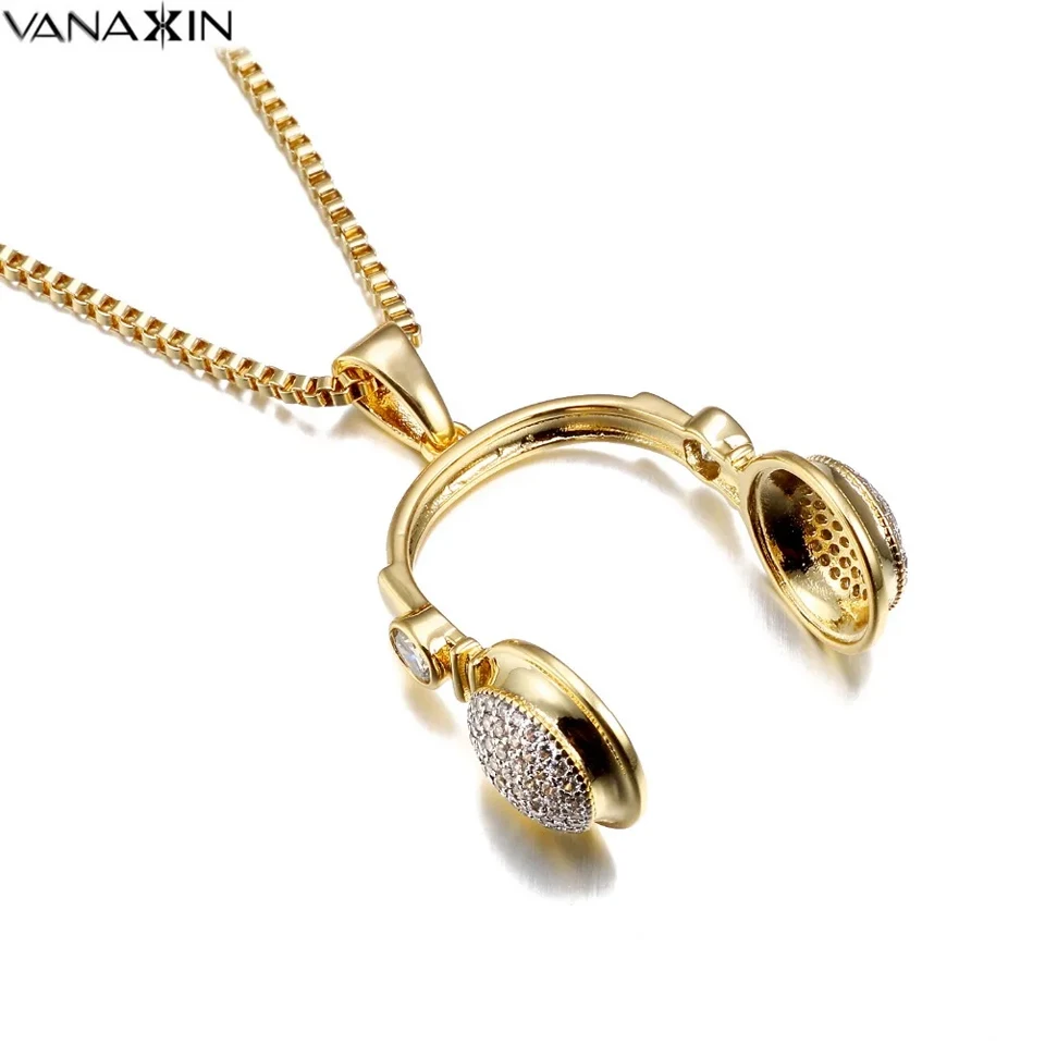 

VANAXIN Fashion Mens Necklaces Music Headset Pendant Necklace Punk Earphone Colar Hiphop Jewelry CZ Zircon Brass Gift