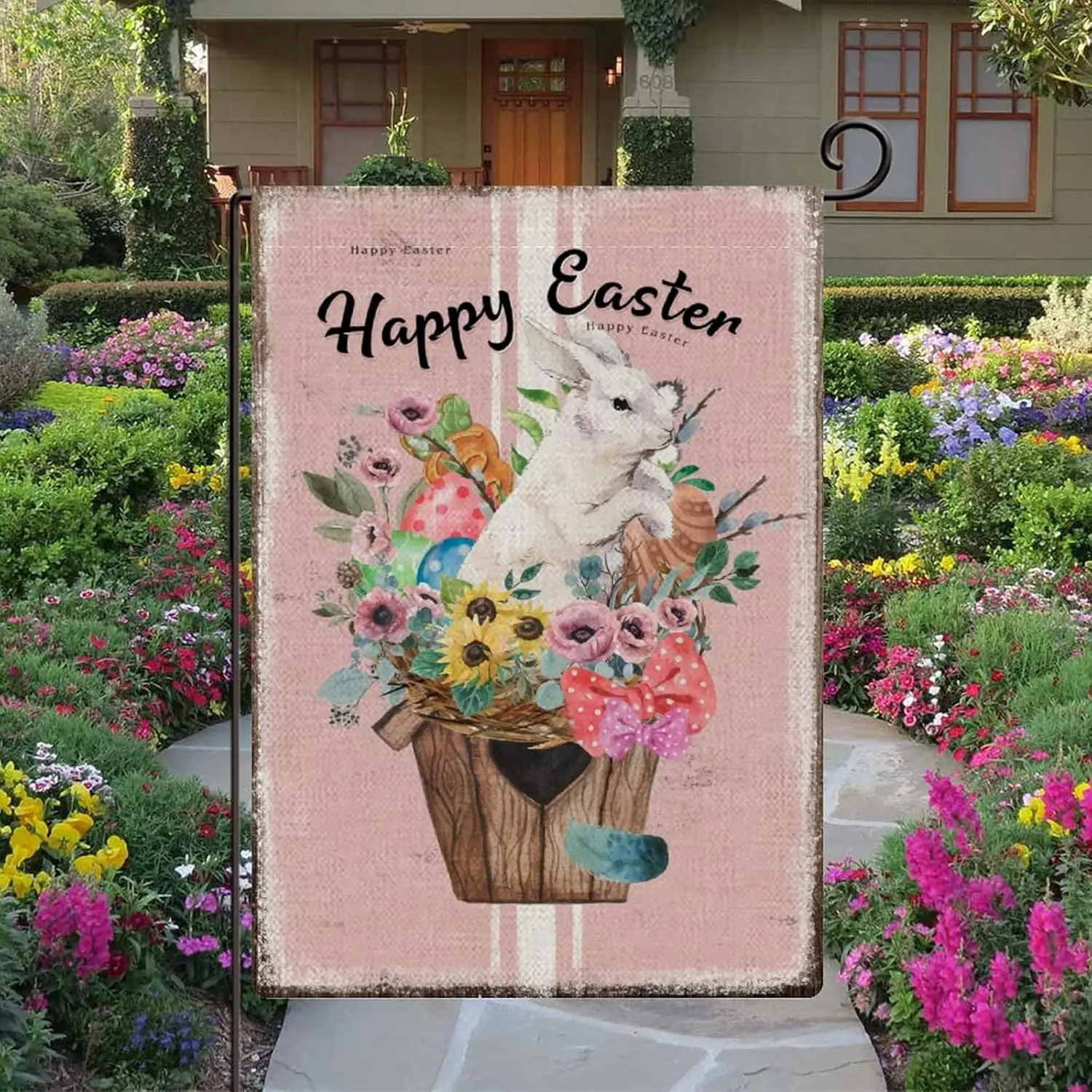 Vintage Happy Easter Spring Flowers Easter Rabbit Eggs Garden Flags 12x18 Double Sided Decorative Holiday Easter Decor Yard  yyi