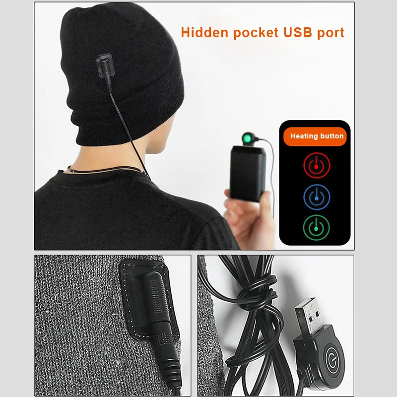 New Fashion USB Rechargeable Winter Hat Warm Washable Warp Knitting Heated Hat for Outdoor Activity Unisex LL@17