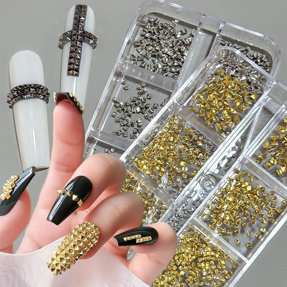 360Pcs 3D Punk Silver Metallic Square Rivet Nail Charms 6Grid Conical Studded Gun Black/Gold Nail Parts Tiny Cone Spike Nail Dec