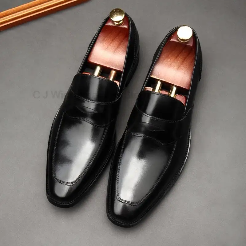 HKDQ Autumn Handmade Genuine Cow Leather Black/Red Slip-On Dress Italian Wedding Men Formal Business Work Office Oxford Shoe