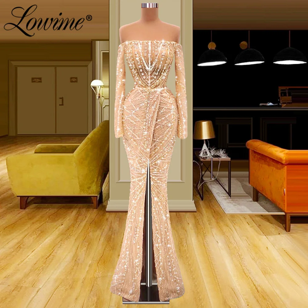 

Lowime Haute Couture 2022 Champagne Crystals Boat Neck Evening Dresses Mermaid Front Split Pageant Party Dress Customize Robes