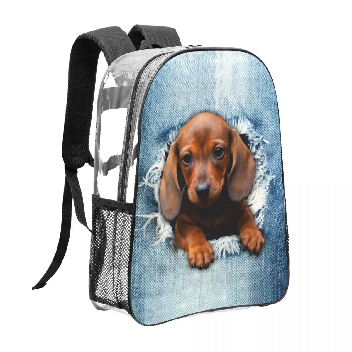 

Waterproof Clear Dachshund Backpack Denim Look Wiener Dog See Through PVC Bookbag Durable Transparent School Bag Kids Teens