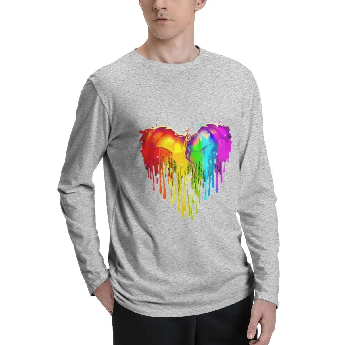 Dragon LGBT Heart Aquerello Elegante camiseta de manga larga para hombre, tela duradera, ajuste relajado, perfecta para cualquier ocasión casual.