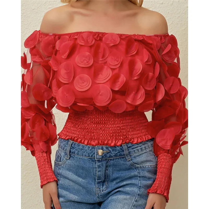 2023Autumn and Winter New European and American Women's Clothing Fashion New Black Mesh Three-Dimensional Flower off-Shoulder Pu