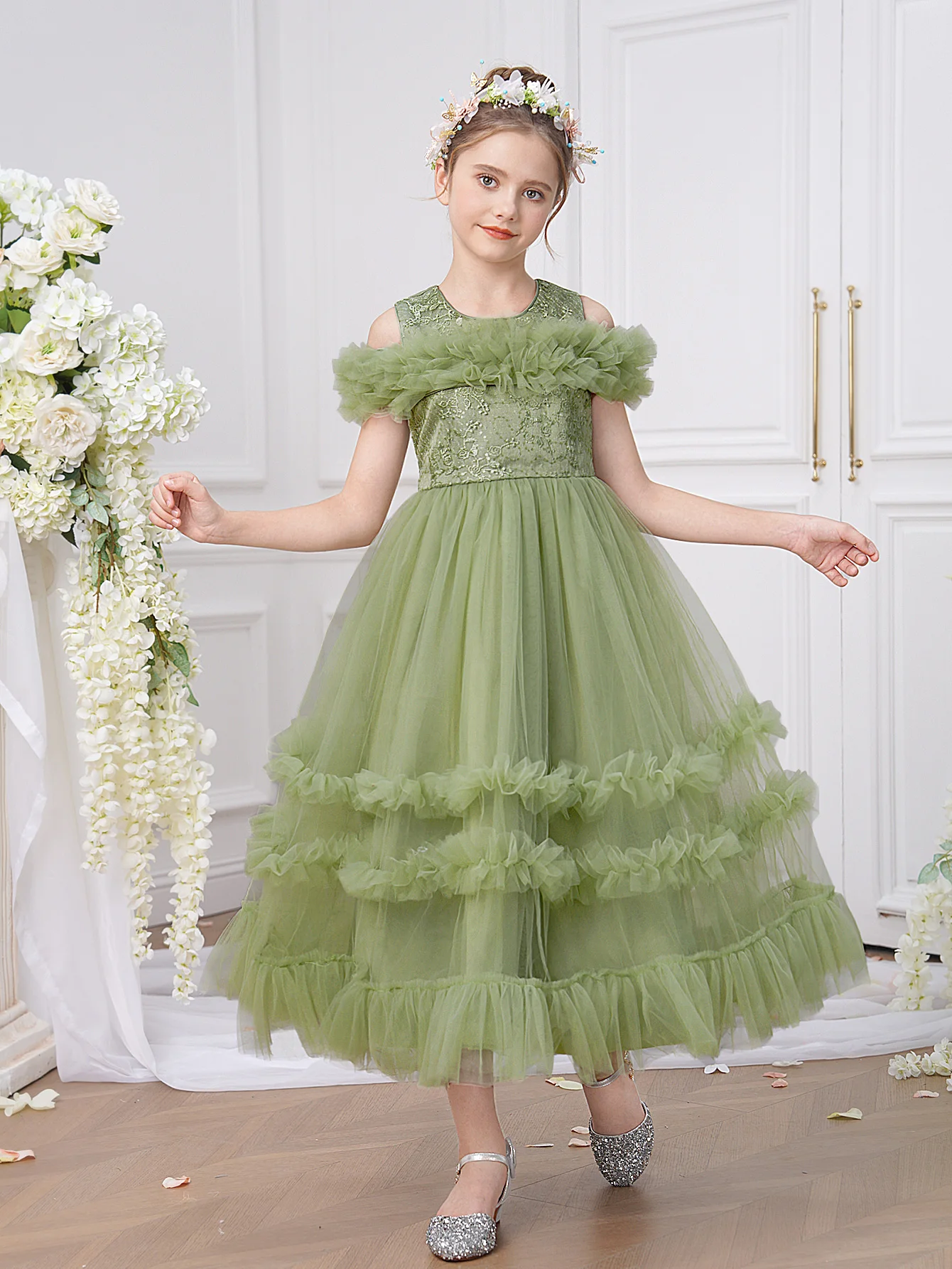 Girls dress princess dress elegant mesh skirt green princess dress suitable for dance performance piano concert anniversary