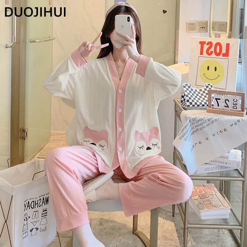 DUOJIHUI Blue Autumn New Chicly Print Female Pajamas Set Fashion V-neck Cardigan Casual Pant Loose Spell Color Pajamas for Women