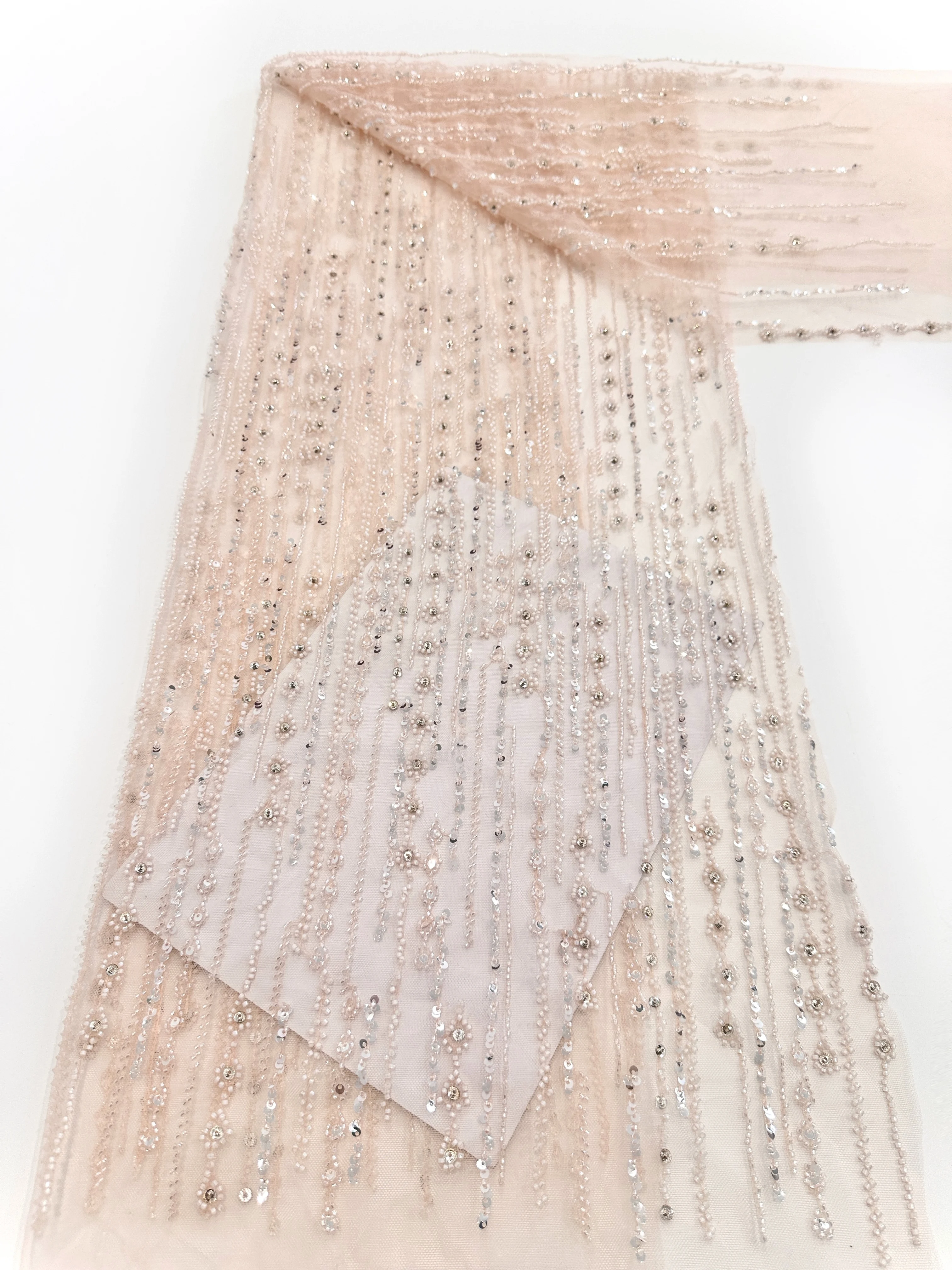 2025 High Quality New Arrival African Handmade Beaded Tulle Lace Fabric Nigerian Sequins Lace Fabric For Wedding Dresses 5 Yards