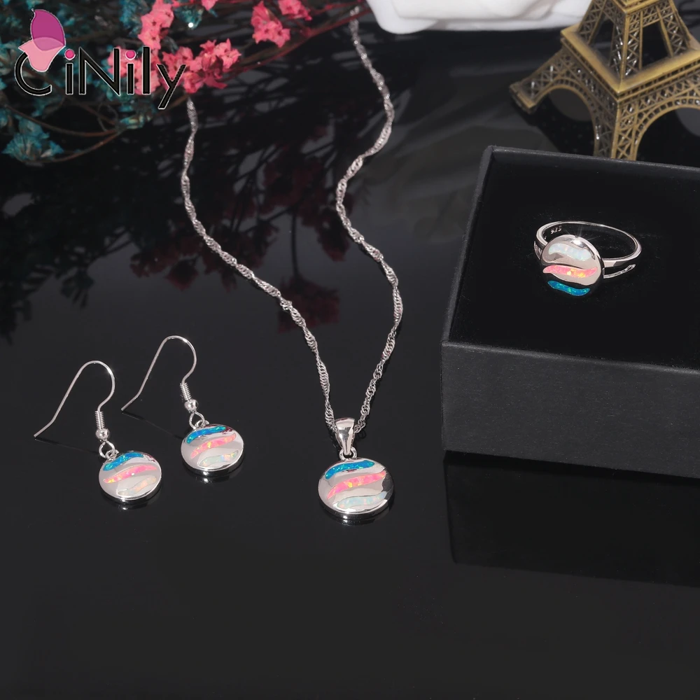 CiNily Created Multi-colors Fire Opal Jewelry Sets Silver Plated Fashion Jewelry Ring/Pendant Necklace/Stud Earrings for Women