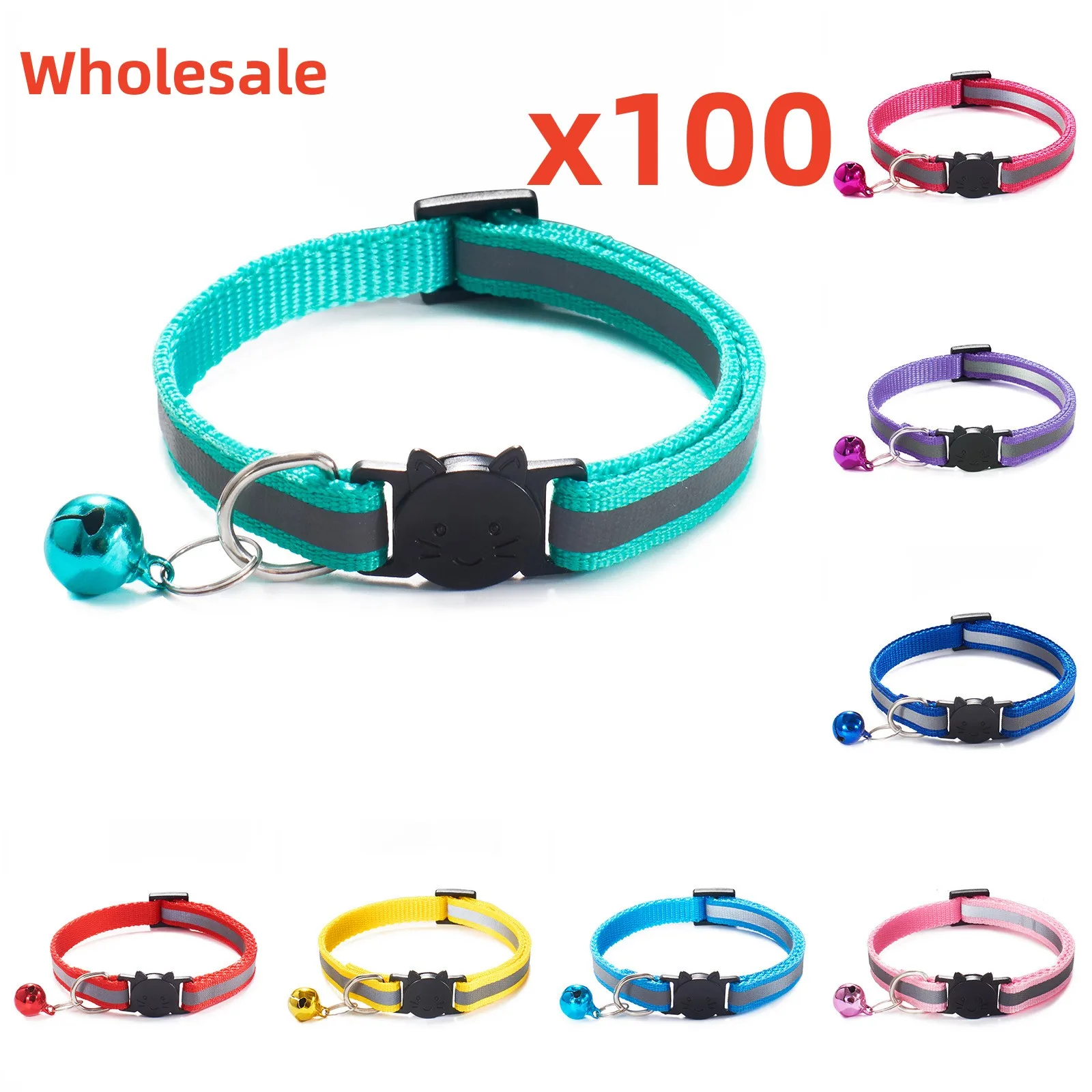 100 Piece Wholesale Reflective Breakaway Cat Collar Neck Ring Necklace Bell Pet Products Safety Elastic Adjustable