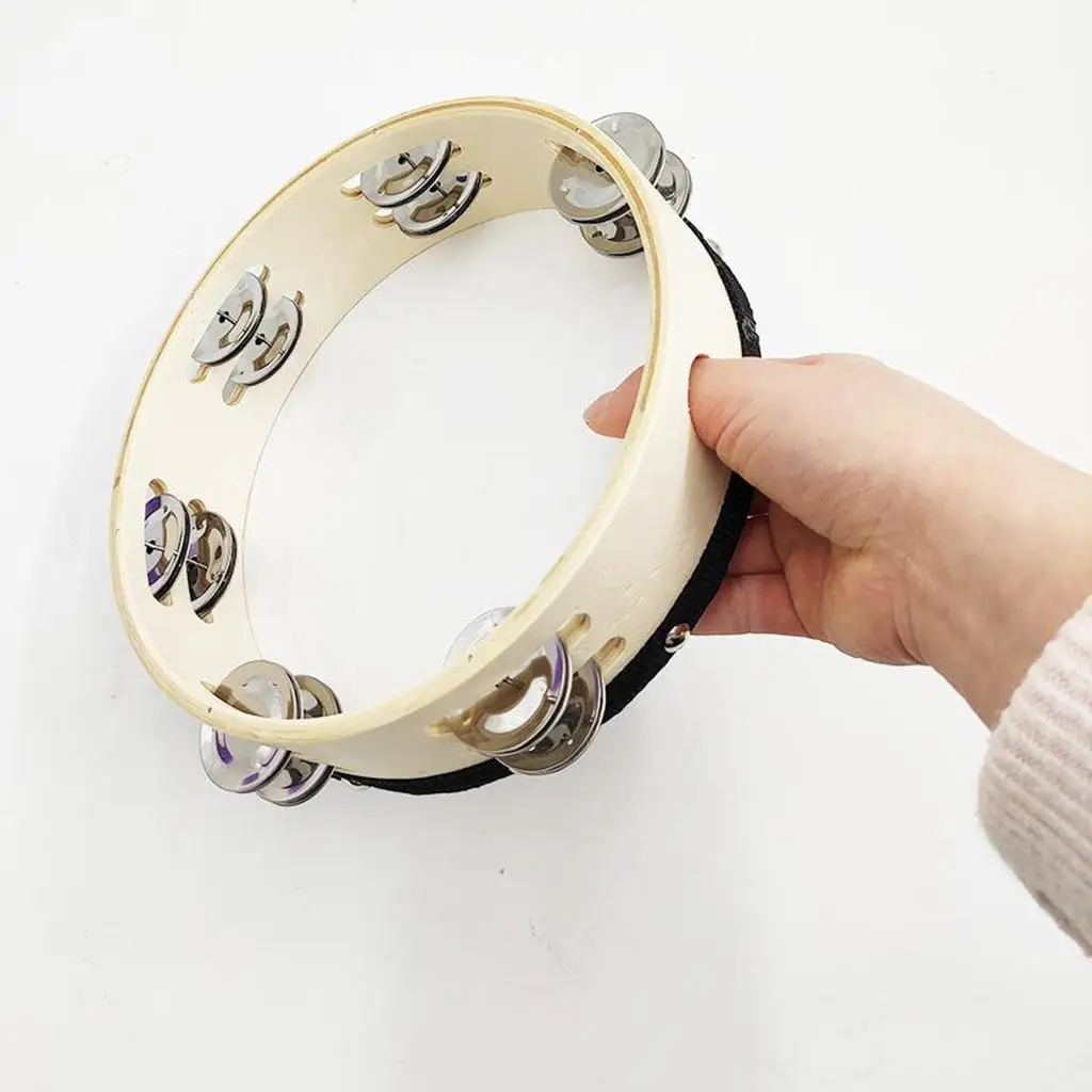 

8 Inch Wood Handheld Tambourine Double Row, Tambourines with Jingle Bells & Bible Pattern