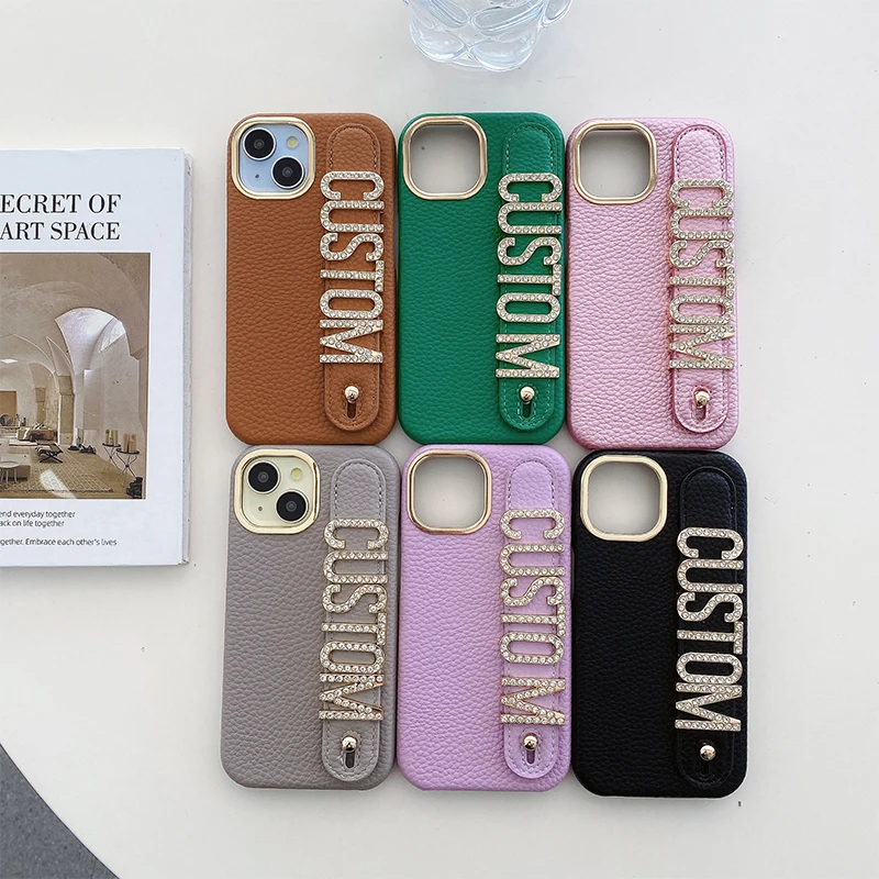 Personalized Leather Phone Case with Name and diamond Letter Wristband for iPhone 16 15 14 13 12 11Pro Max 14 15 16Plus Cover