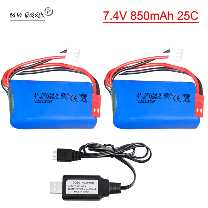 7.4V 850mAh 25C 703048 bateria Lipo wtyczka JST dla X600 U829A U829X 907 V912 V262 V353 BQ202 V333 RC Quadrocopter 2S wysokiej mocy