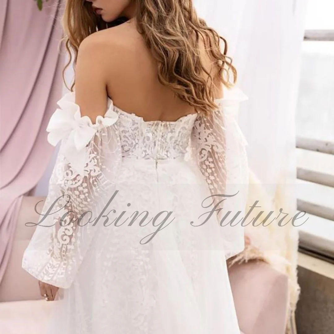 Elegant Lace A Line Wedding Dresses Sweetheart Half Puff Sleeve Embroidery Bride Gowns Princess Plest Illusion Dress Customized