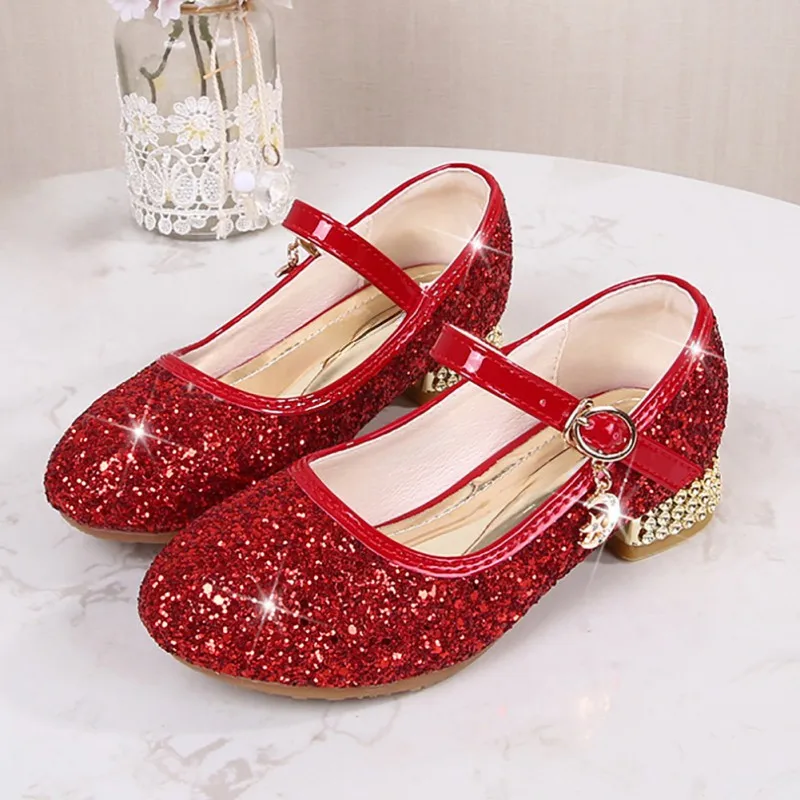 Princess Kids Girls Party Shining Flats Shoes Anti-slip Soft Children Sequins High Heels Shoes Birthday Holiday Casual Shoes