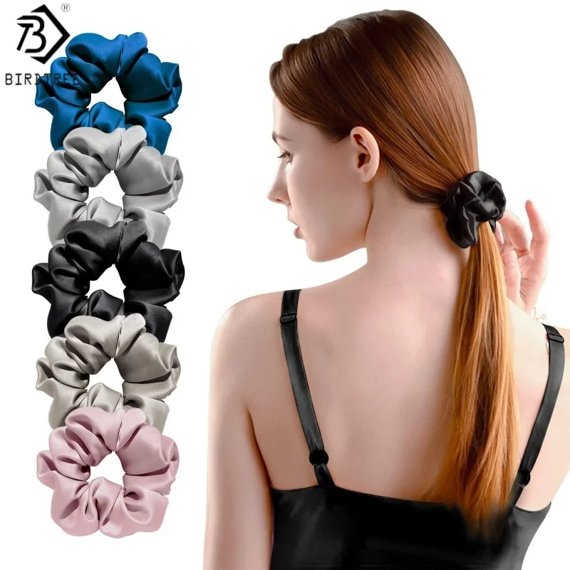 Birdtree, 2PCS 100% Silk Hair Bands, Women Solid Elastic Hair Band, Hair Ring Ropes, Hand-sewn Hair Rope For Ladies A63435JF