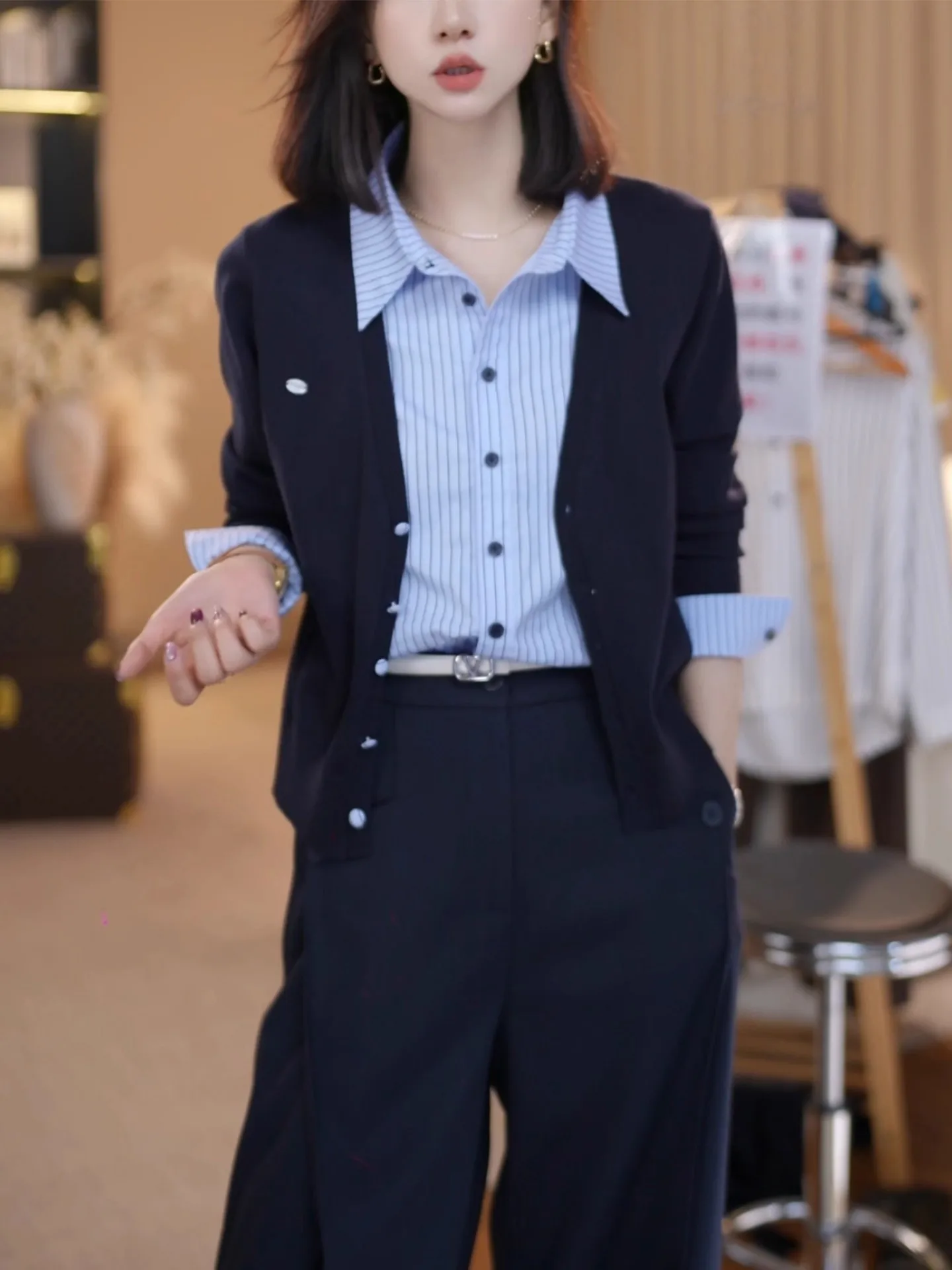 

Knitted Shirt And Sweater Combo Women's Fashion Spring Autumn Winter Layering Inner Wear Collared Top Korean Style Loose Fit