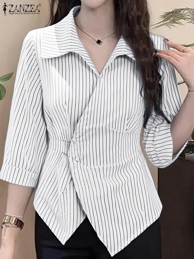 

ZANZEA Women Blouse Elegant Office Lady Shirts Striped 2025 Autumn 3/4 Sleeve Casual Loose Tunic Tops Fashion Asymmetrical Blusa