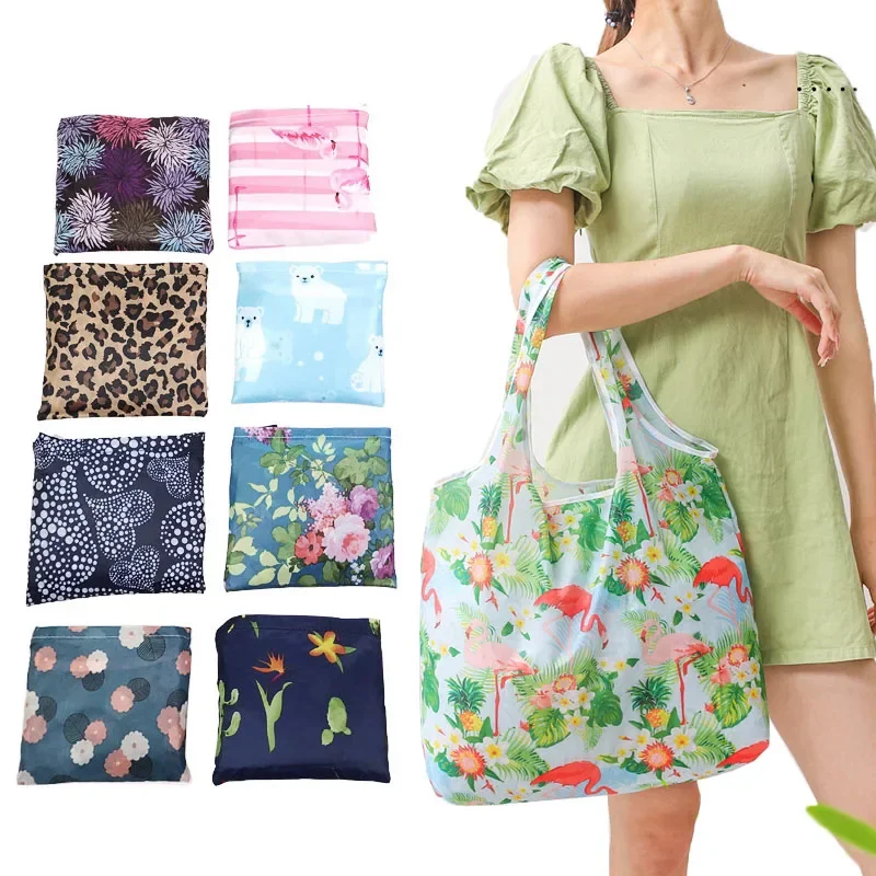 Fashion Women Foldable Shopping Bag Tote Eco-Friendly Folding Pouch Handbags Convenient Large-capacity Flower Travel Grocery Bag