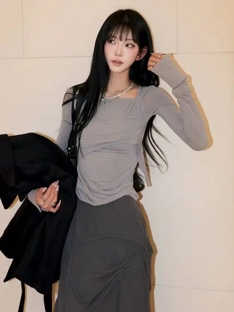 Flareup Long Sleeve T-Shirt Asymmetrical Pleated Half Skirt Layering Spicy Girl Style Pure Cotton Breathable Skin-friendly