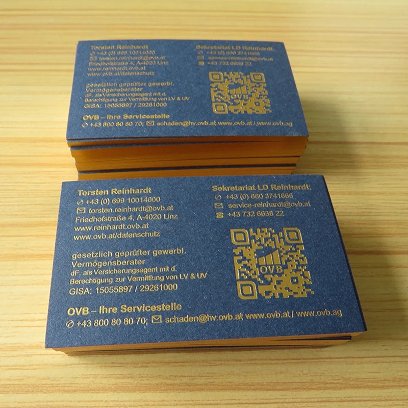 Custom Blue cards Bronzing Gold Edge Business Cards  Gold foil business card, hot stamping logo, 360gsm