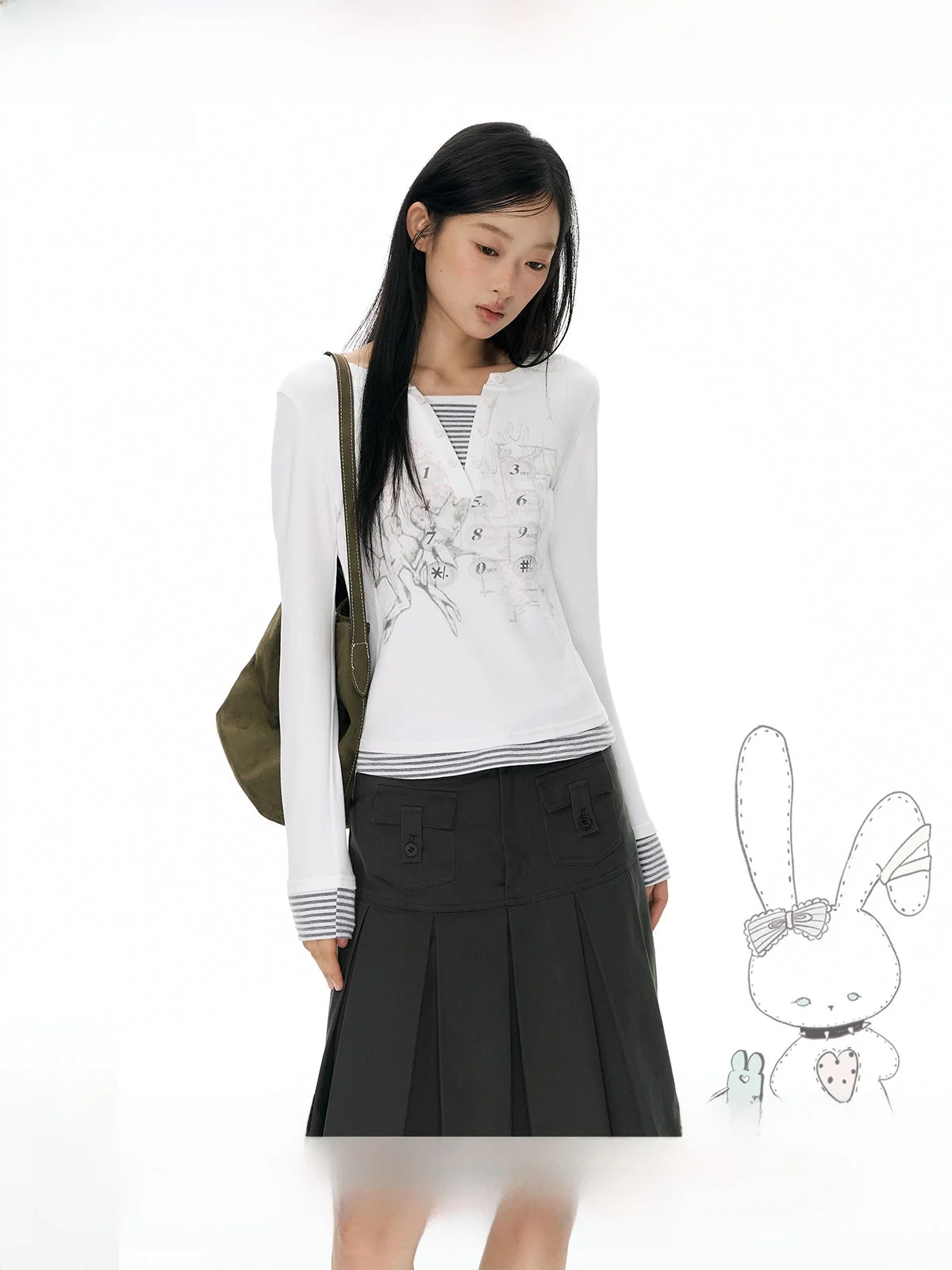 YUPH Original Y2K Slim Fit Long Sleeve T-Shirt Fake Two-Piece Stripe Splicing V-Neck Half Open Korean Style Women's Top
