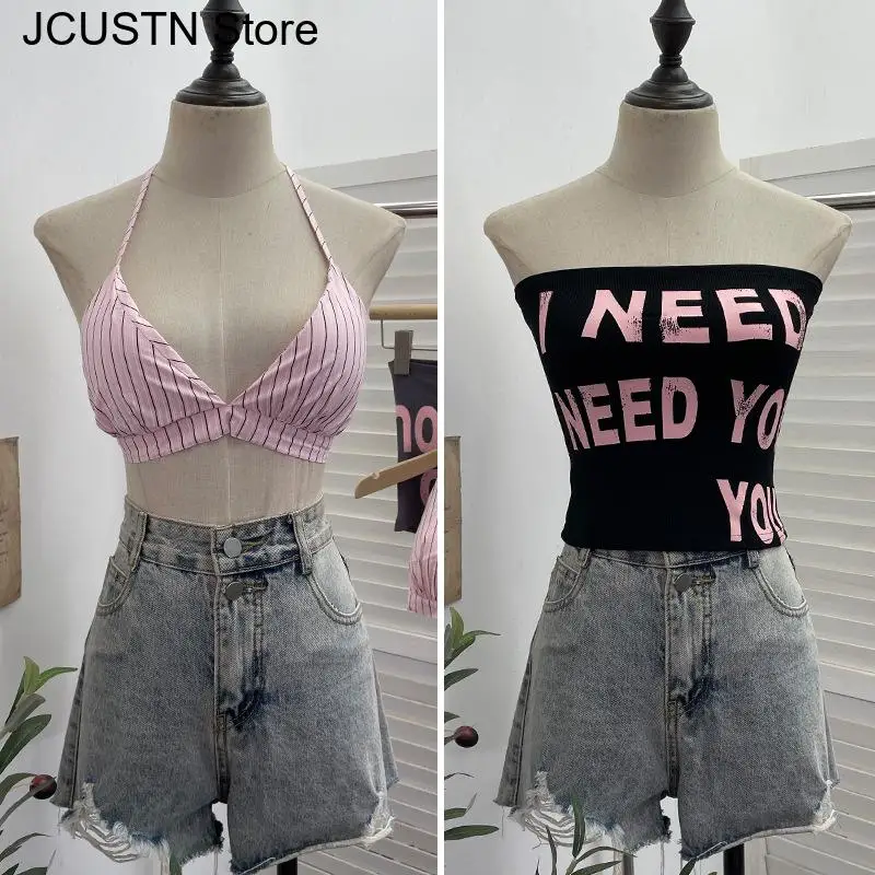 Y2Kサマー新作タンクトップ レディース セクシー 2点セット ストラップレス キャミソール 原宿系 ゴス レター エモ ガールズ ストリートウェア グランジ クロップトップ