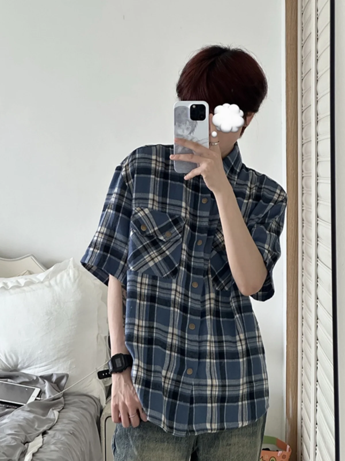 

American Workwear Plaid irt ort Sve Men Summer Trendy Cool Flip Collar Top High-End f Sve irt Breathable Moist...