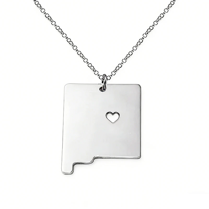 Stainless Steel Hollow Heart New Mexico Map Pendant Necklace For Women Men United States Map Jewelry