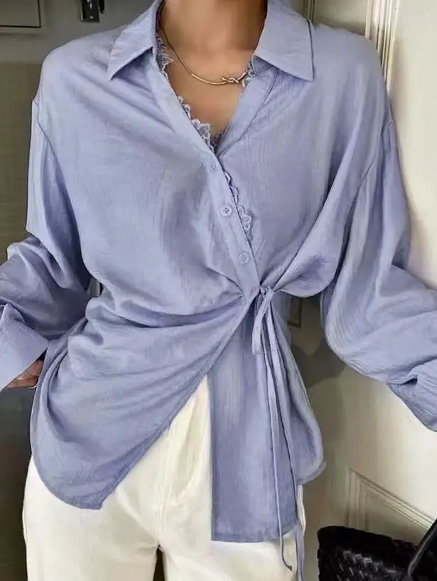 Women's AutumnTie-Waist Collared Shirt Long Sleeve Asymmetric Design Perfect for Casual Daily Styling