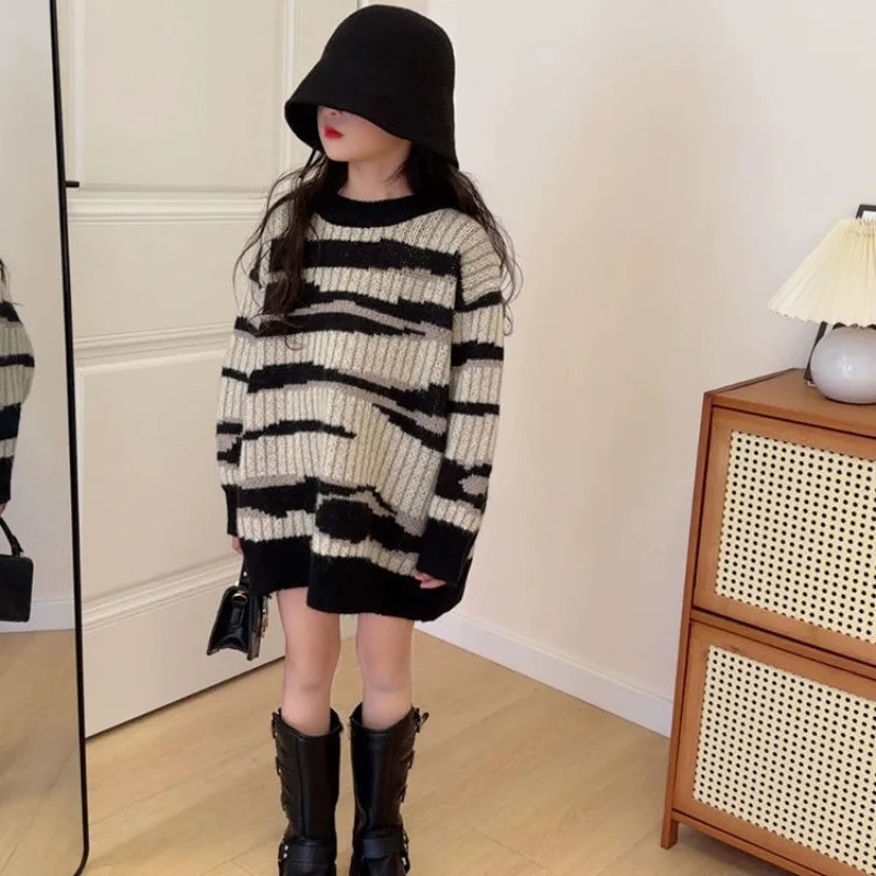 

Thermal Insulated Knit Sweater Dress for Girls 2025 Winter Oversized Cozy Mid Length Big Kids