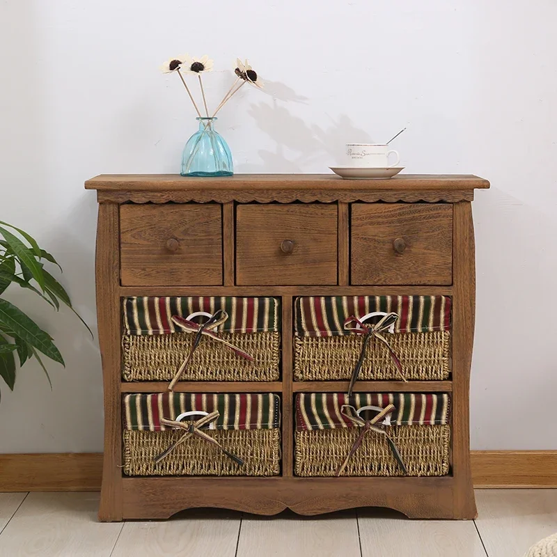 American country rustic retro solid wood color bedside table rattan small simple drawer storage cabinet