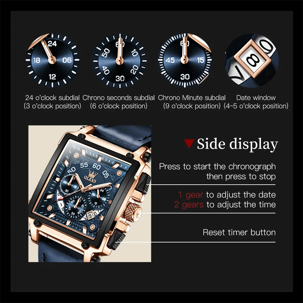 OLEVS Luxury Brand Men\'s Watches Square Large Dial Waterproof Quartz Watch Male Chronograph Calendar Leather Strap Original